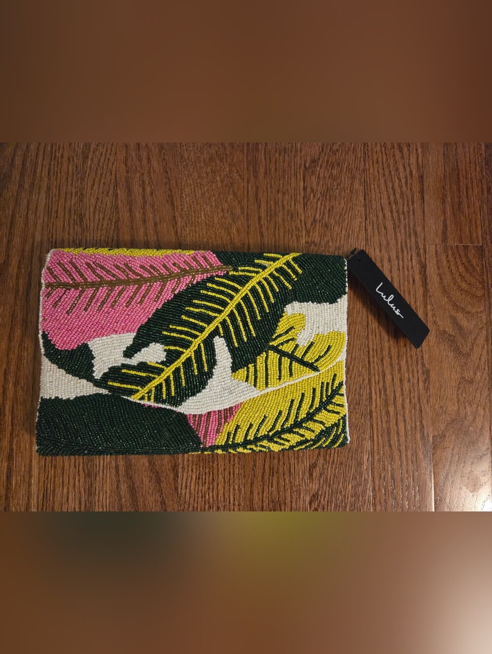 Lulus Palm Leaves Pink and Green Beaded Clutch